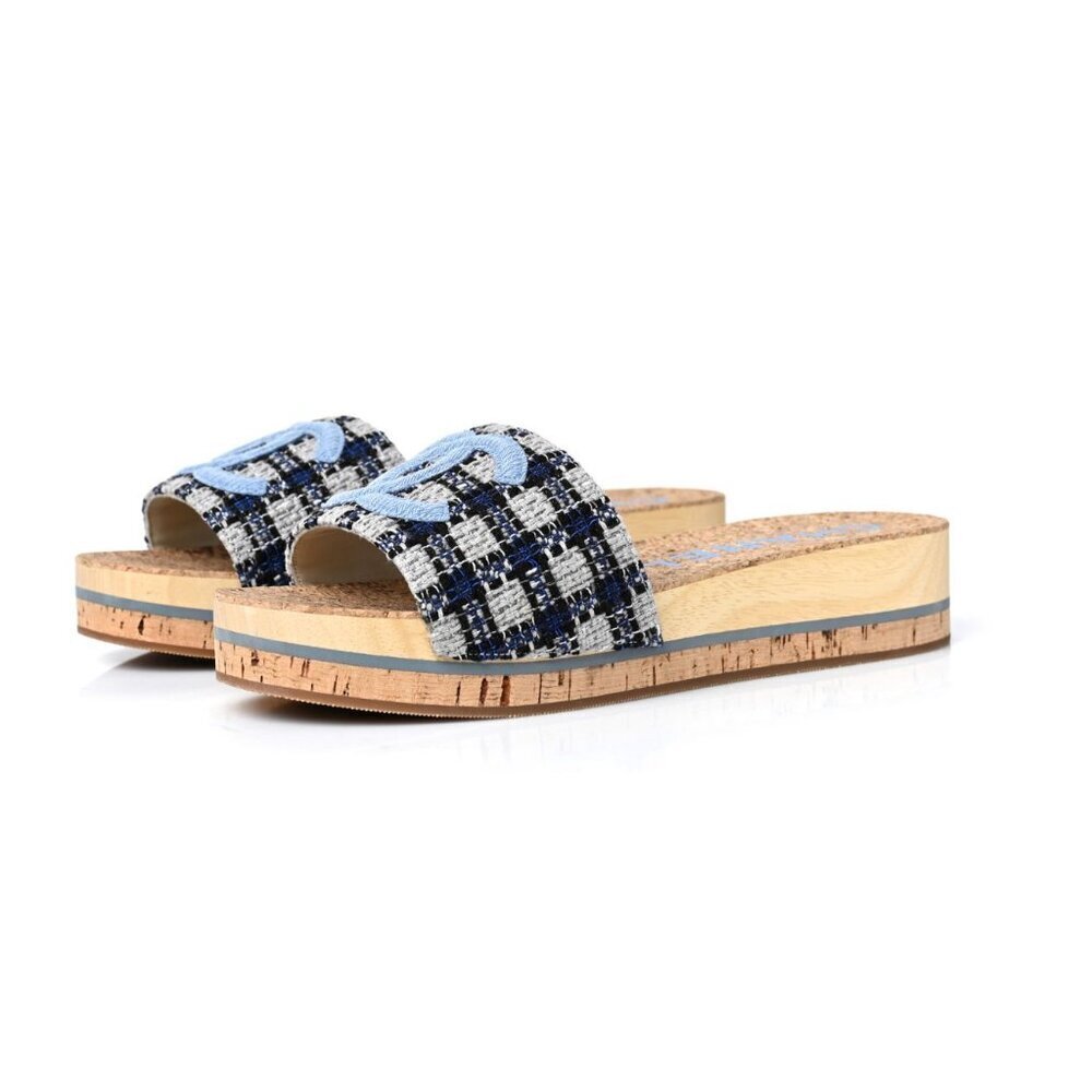 Chanel Tweed Mixed Fibers Cork CC Mule Sandal Navy Blue White Size 38 - Picture 1 of 13